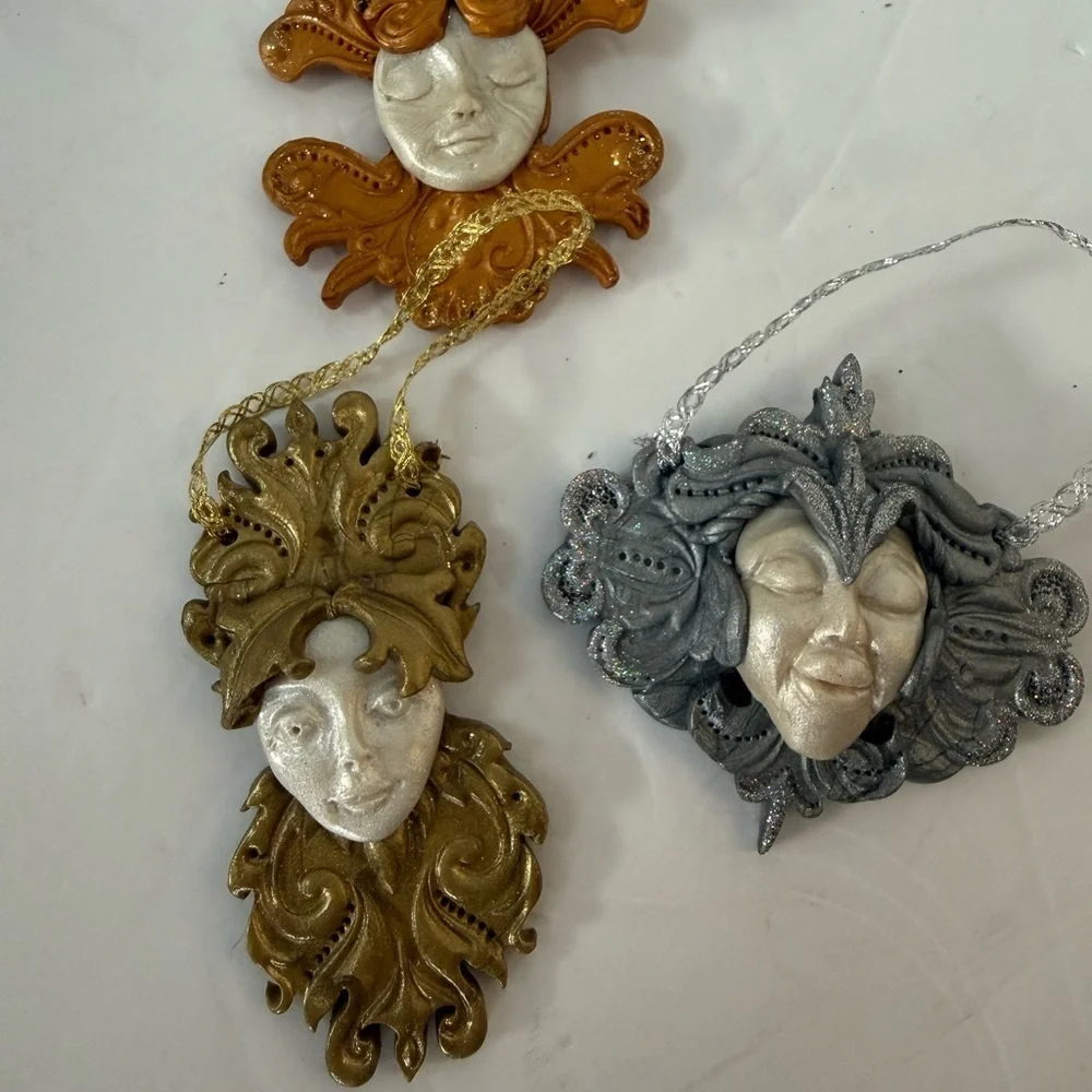 Set of 3 Polymer Hand crafted holiday Mask & faces Ornaments drama gold silver